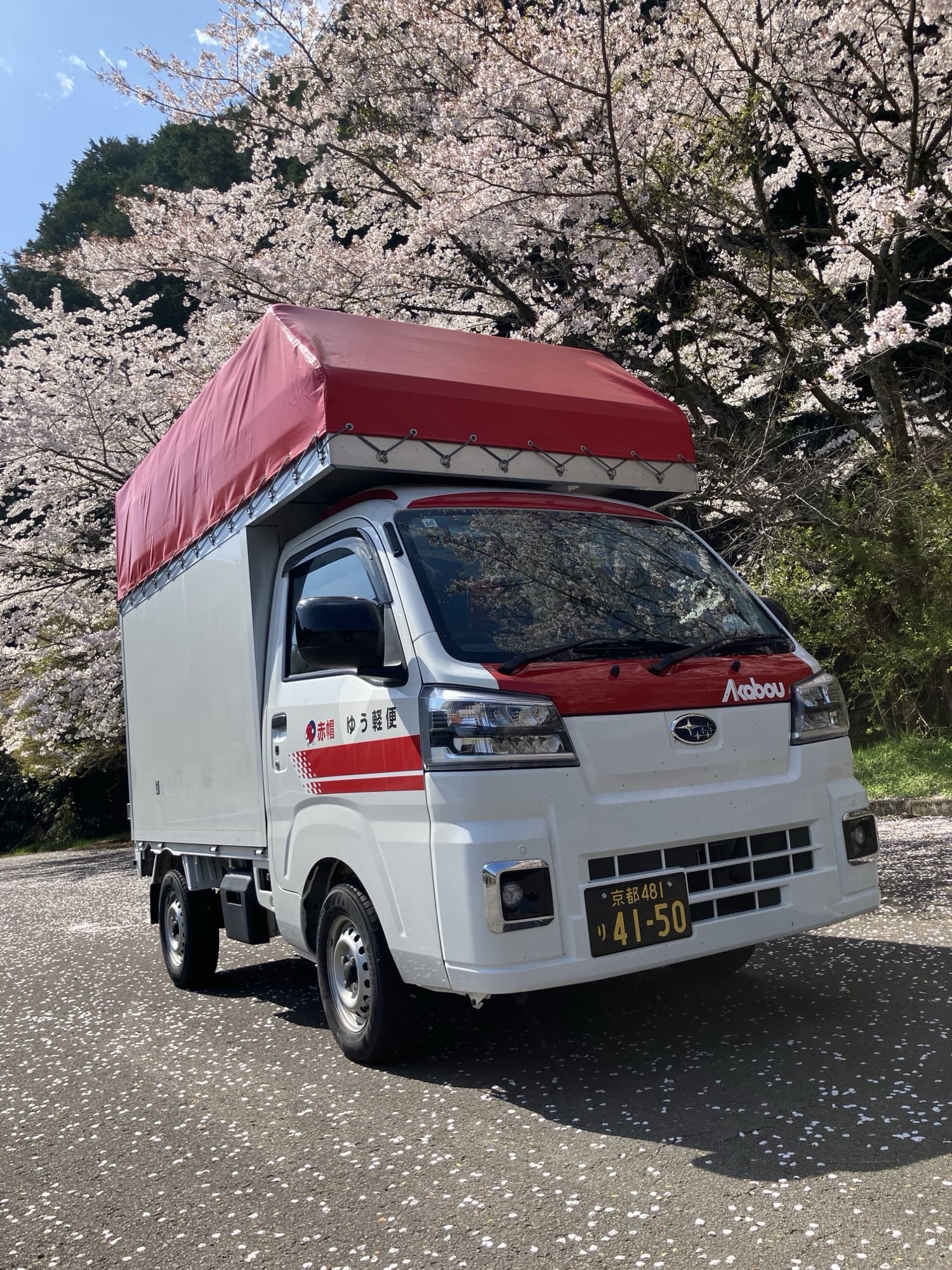 桜並木を背景に停車する赤い軽貨物車